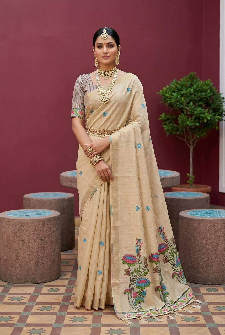 Vastranavya Cream Muga Cotton Meenakari & Azarakh Pallu Saree with Contrast Blouse | Grocsy
