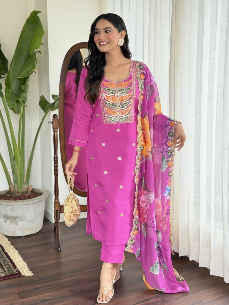 Light purple Viscose Chanderi Stitched Suit With Dupatta - Tanisha | Grocsy