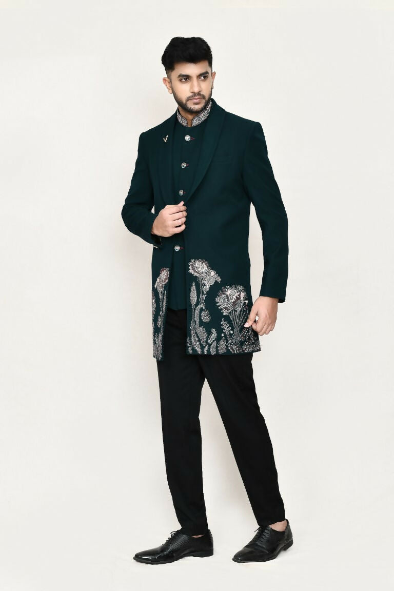 Joban Fashion Green Colored Imported Polyester Fabric Open Prince Coat, Jacket With Pant | Grocsy