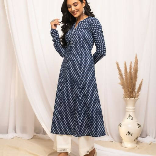 FIORRA Women's Floral Printed Navy Blue Cotton A-Line Kurta | Grocsy