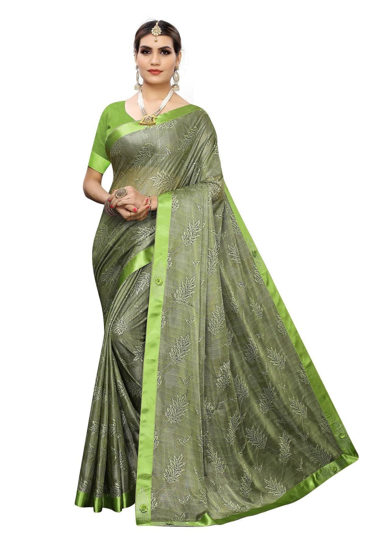 Vamika Mehendi Green Lycra Embroidery Saree | Grocsy