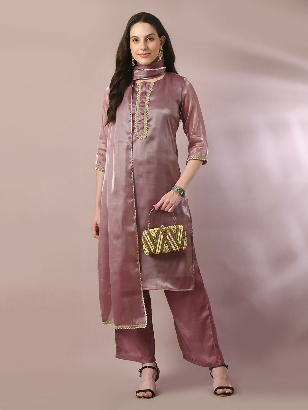 Myshka Women's Brown Solid Straight Party Kurta Set With Dupatta | Grocsy