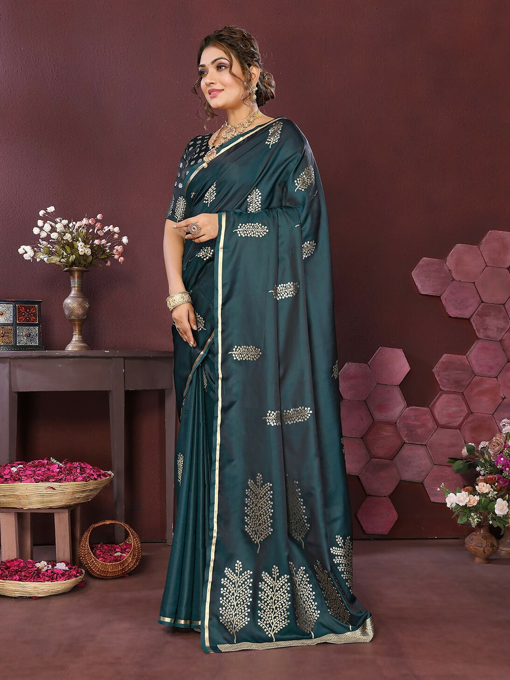 Joban Fashion Teal Floral Motifs Banarasi Silk Sarees | Grocsy