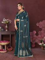 Joban Fashion Teal Floral Motifs Banarasi Silk Sarees | Grocsy