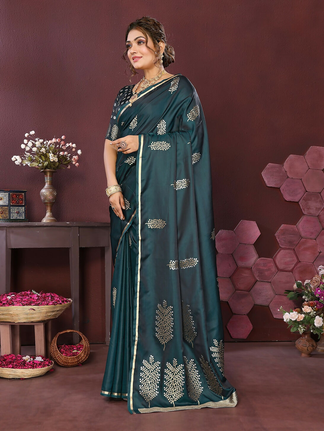 Joban Fashion Teal Floral Motifs Banarasi Silk Sarees | Grocsy
