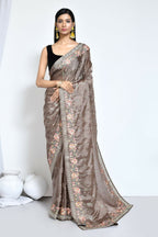 Brown Satin Silk Sequence Embroidered with Stone work Saree - Nimaya Benzy | Grocsy