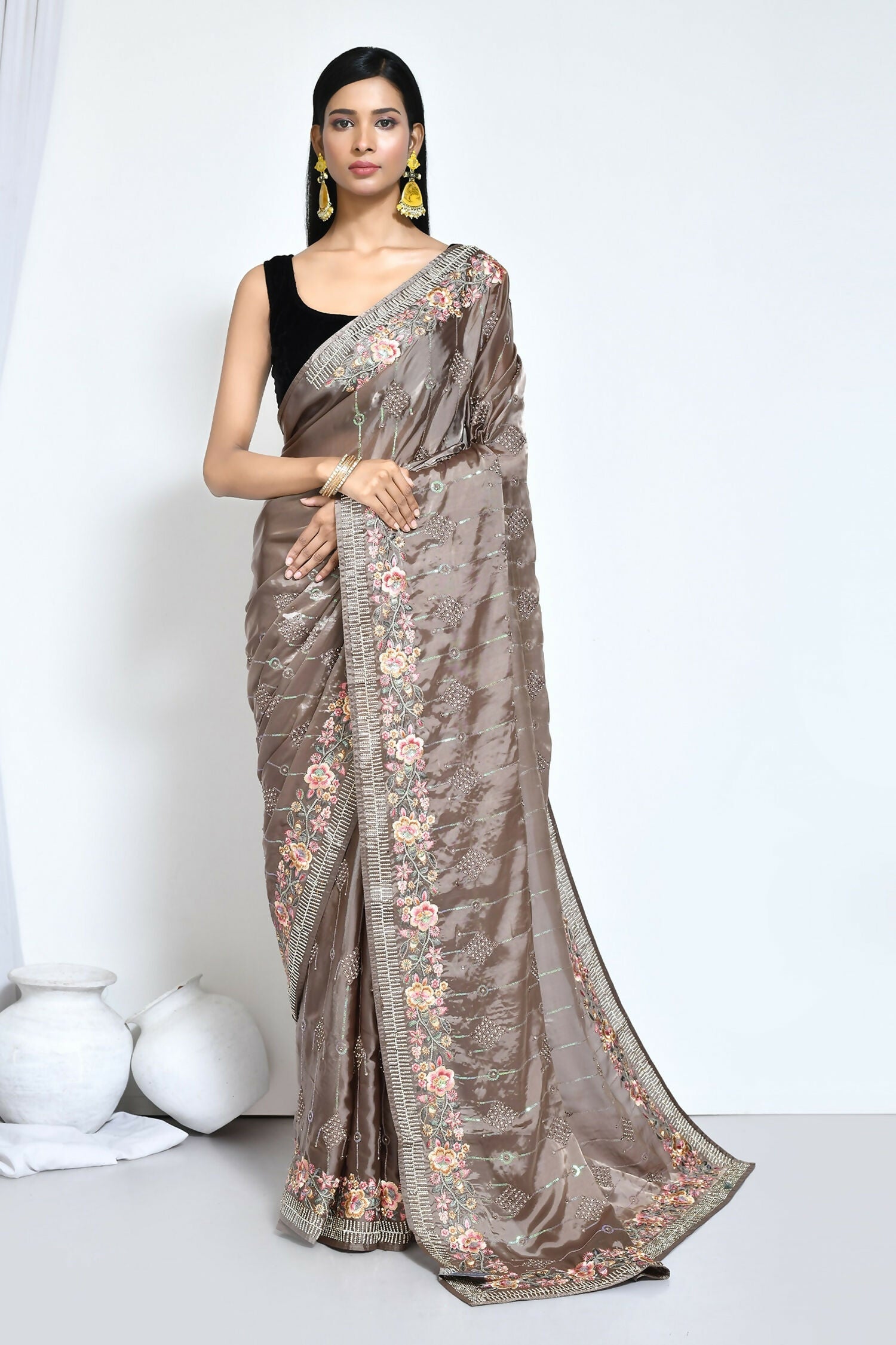 Brown Satin Silk Sequence Embroidered with Stone work Saree - Nimaya Benzy | Grocsy