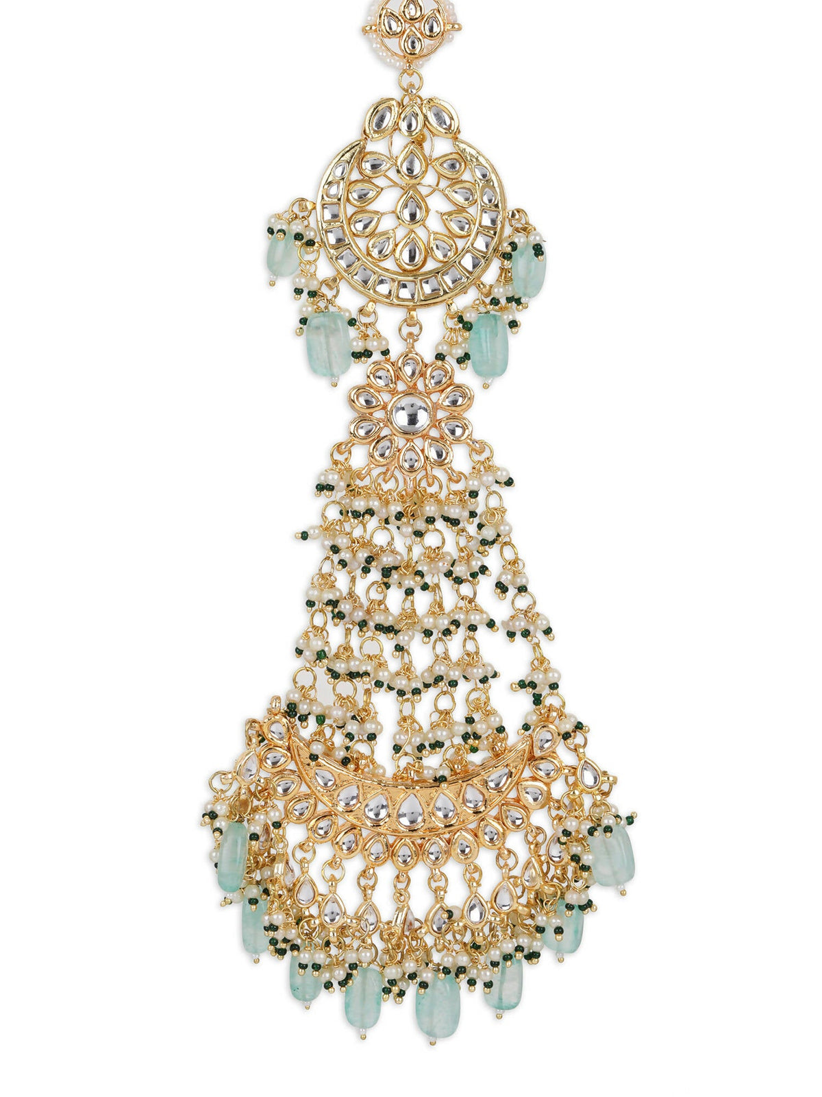 Gold-Polished White Blue Kundan-Studded Pearl Beaded Matha Patti - Ruby Raang | Grocsy