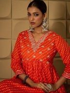 Indo Era Bandhani Embroidered Empire Sequined A-Line Pure Cotton Kurta With Trousers | Grocsy
