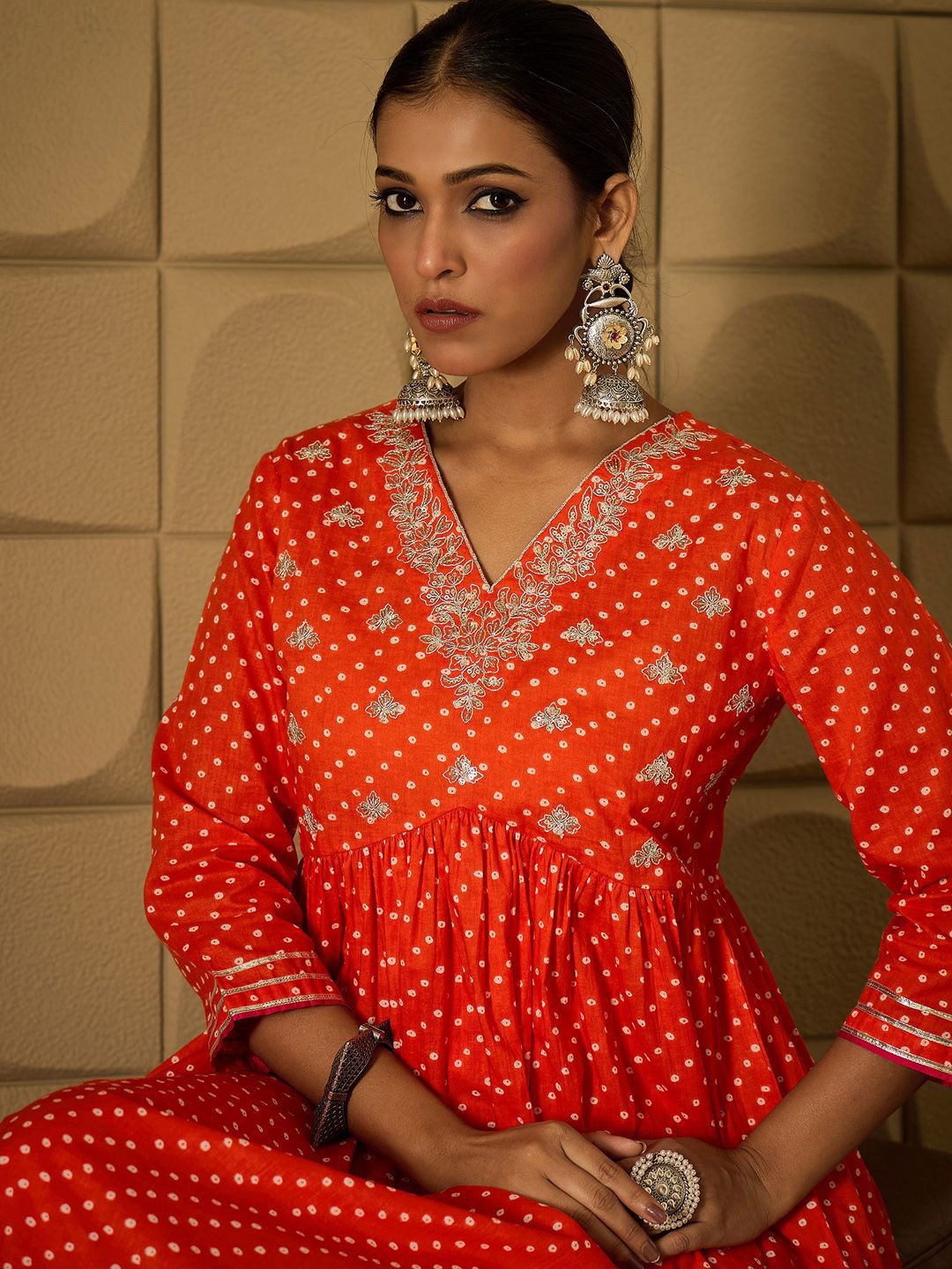 Indo Era Bandhani Embroidered Empire Sequined A-Line Pure Cotton Kurta With Trousers | Grocsy