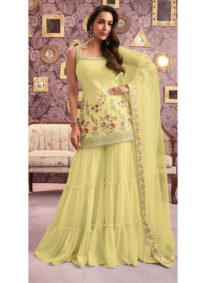 Vastranavya Malaika Arora Cream Georgette Embroidered Sequins Palazzo Suit | Grocsy