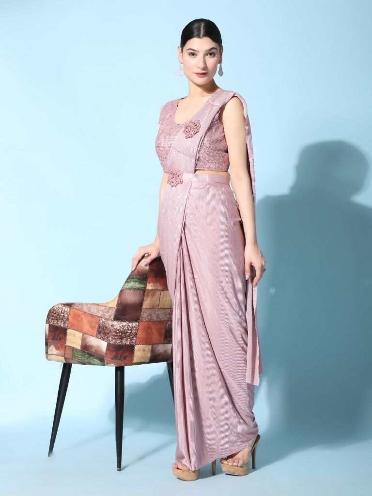 Pink Imported Crush Lycra Texture Pattern Ready to Wear Saree with stitched Blouse - Nirvana | Grocsy