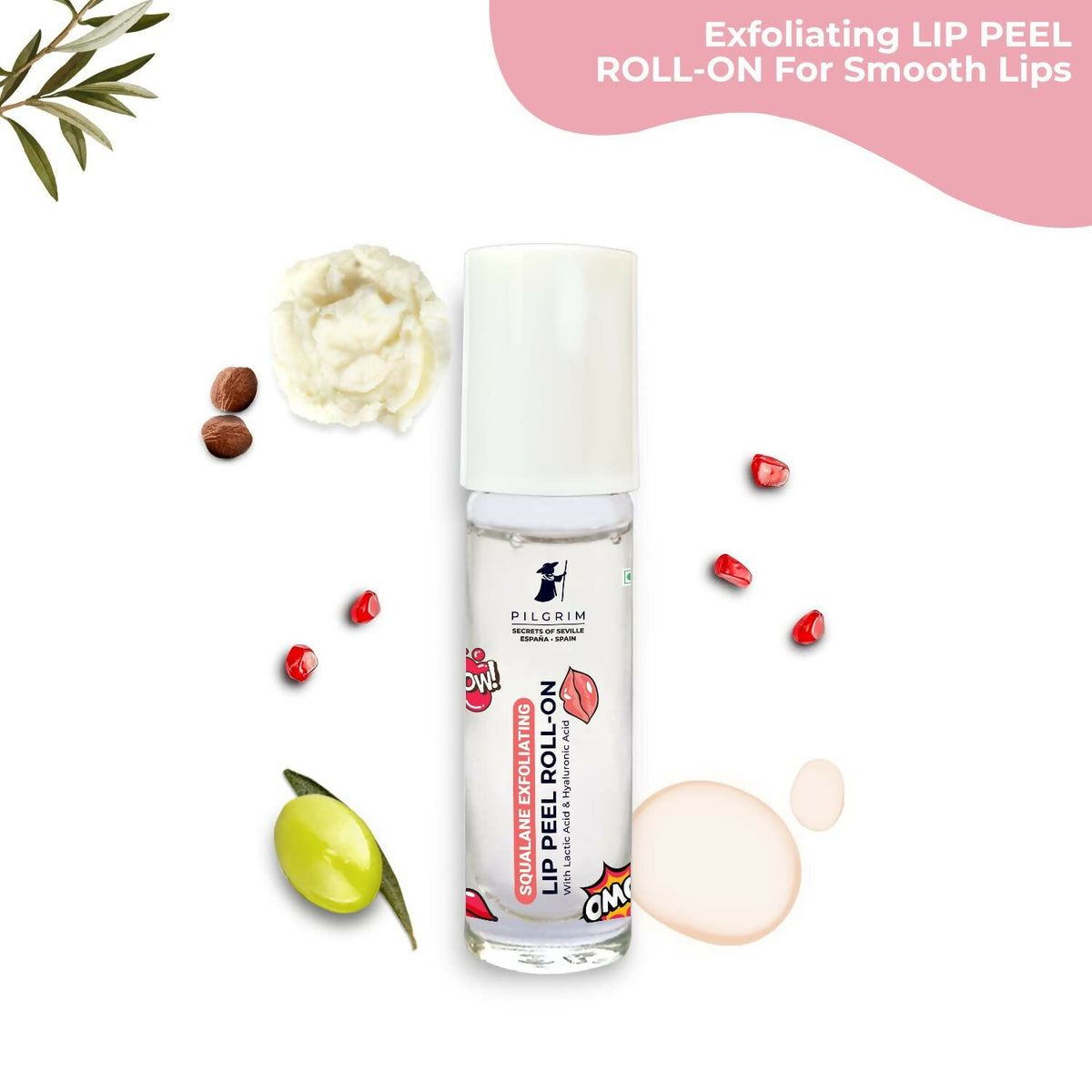 Pilgrim Spanish Lip Peel Roll-on with Lactic Acid & Hyaluronic Acid For Soft & Glossy Lips, Hydrating Dry & Flaky Lips | Grocsy