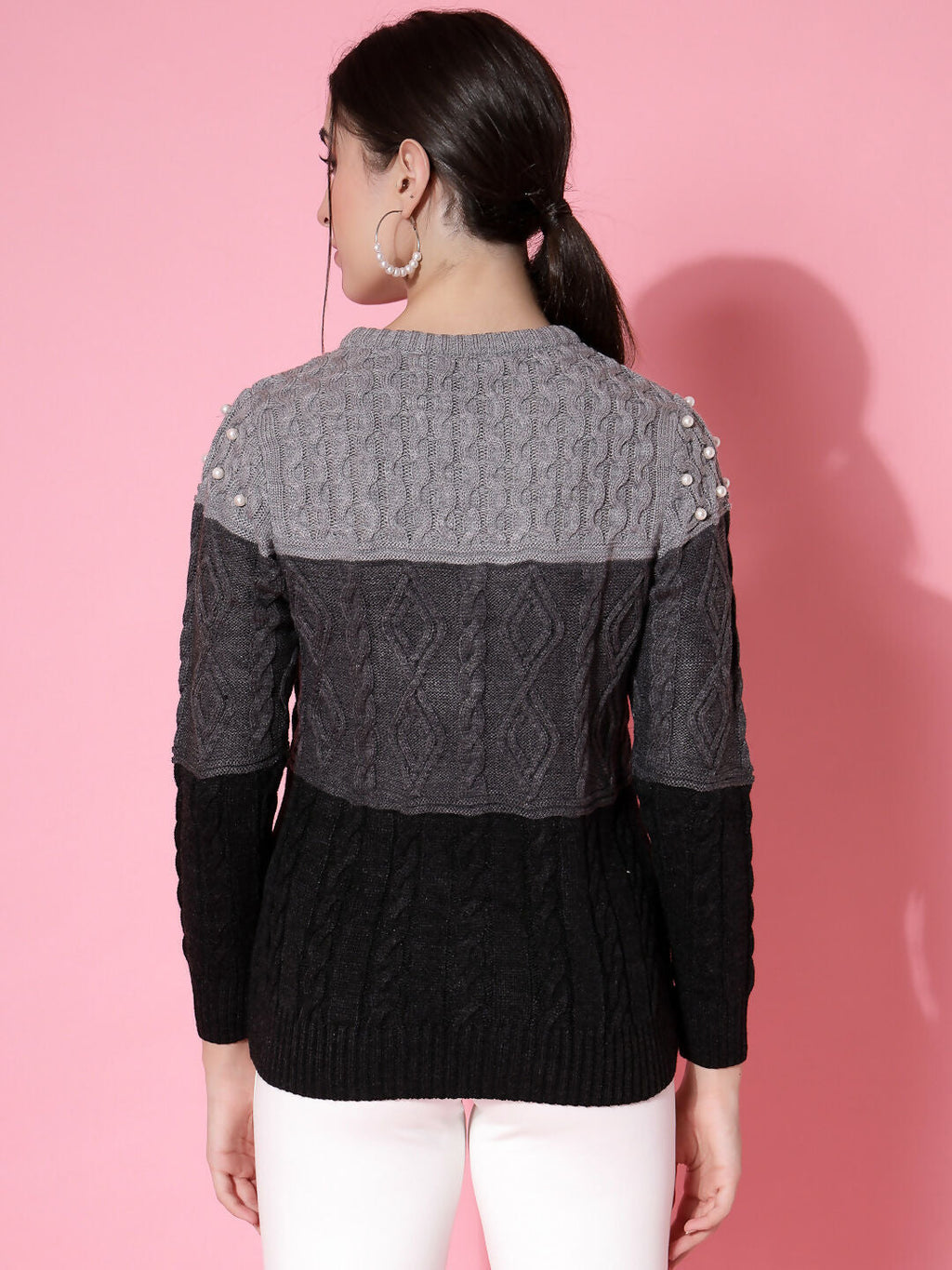 Women Color Block Winter Charcoal Acrylic Sweater - Wool Trees | Grocsy