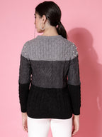 Women Color Block Winter Charcoal Acrylic Sweater - Wool Trees | Grocsy