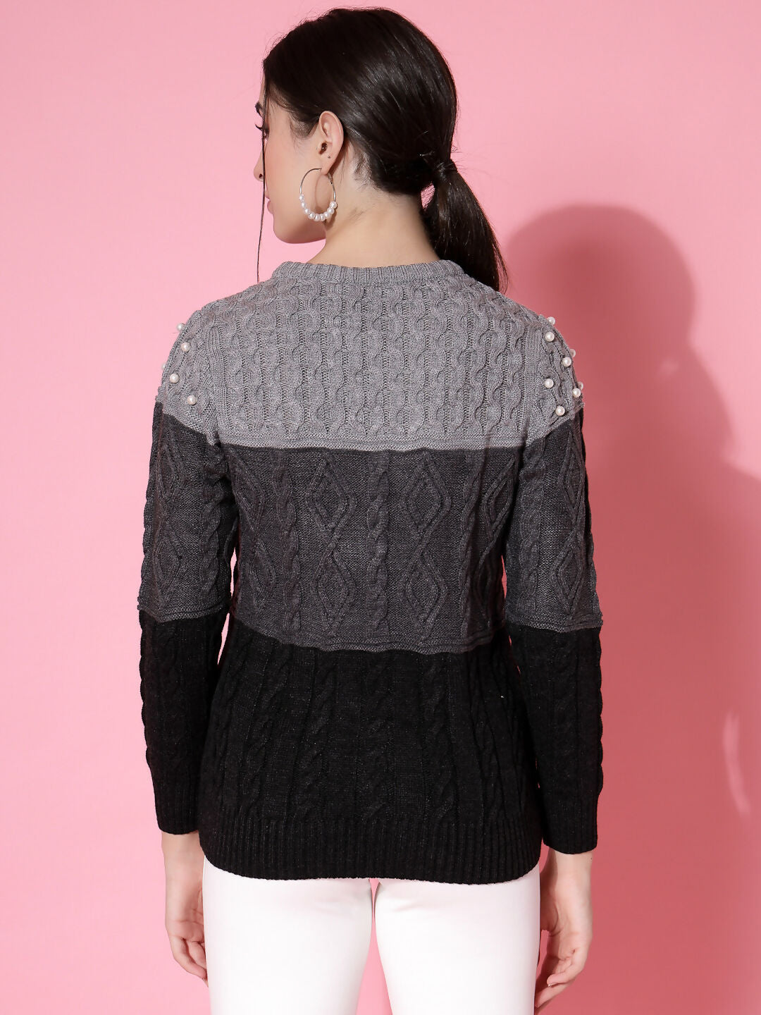 Women Color Block Winter Charcoal Acrylic Sweater - Wool Trees | Grocsy