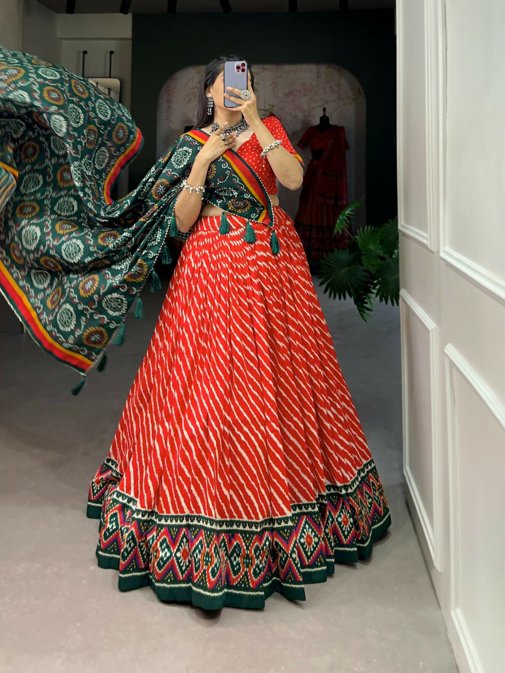 Vastranavya Cultural Leheriya With Patola Print Border Tussar Silk Lehenga Choli - Red | Grocsy