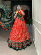 Vastranavya Cultural Leheriya With Patola Print Border Tussar Silk Lehenga Choli - Red | Grocsy