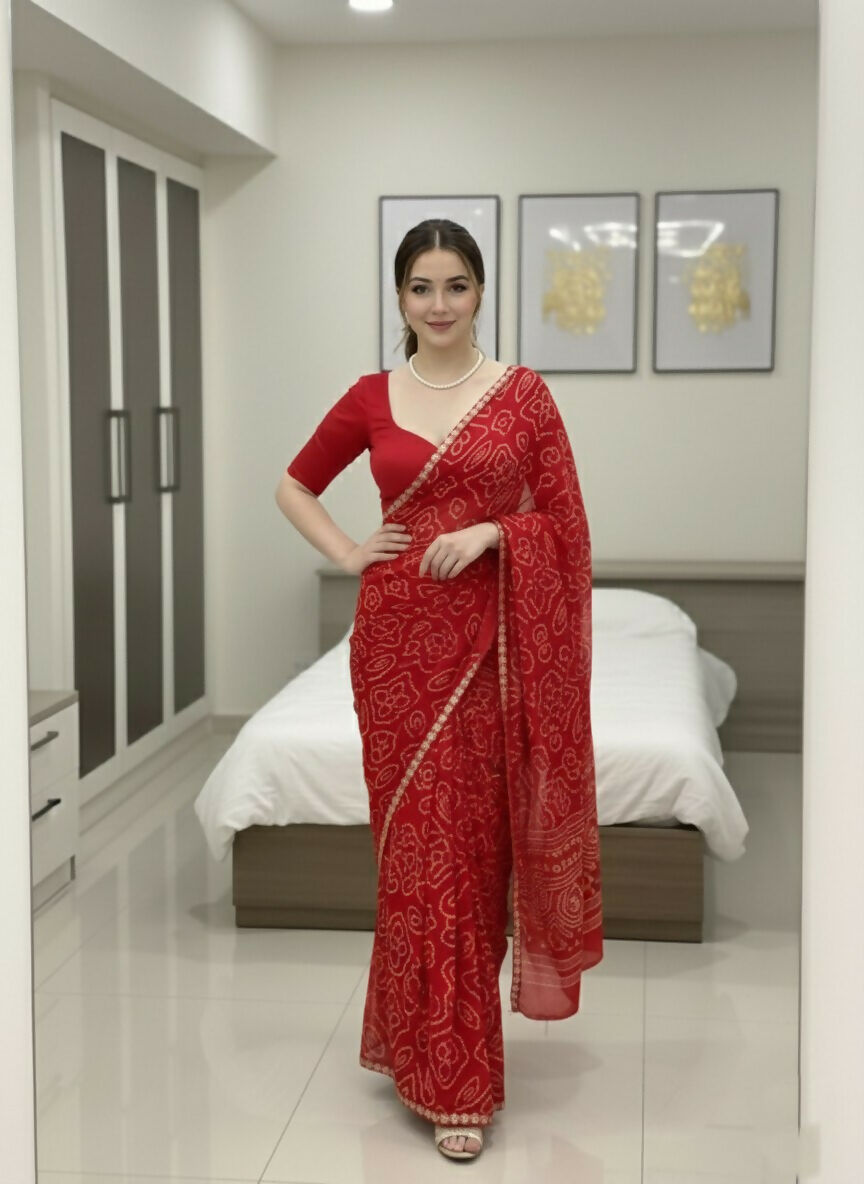 Teeya Creation Womens New Simply Daily Wear Georgette Saree-Red | Grocsy