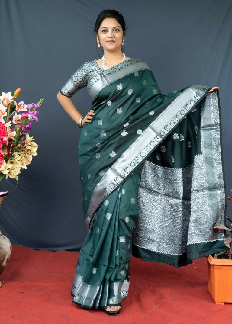 Jyoti Fashion Women's Bottle Green Soft Banarasi Silk Zari Woven Saree with Blouse | Grocsy