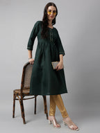Green Poly Cotton Solid Nayra Cut Kurta - Tirtha | Grocsy