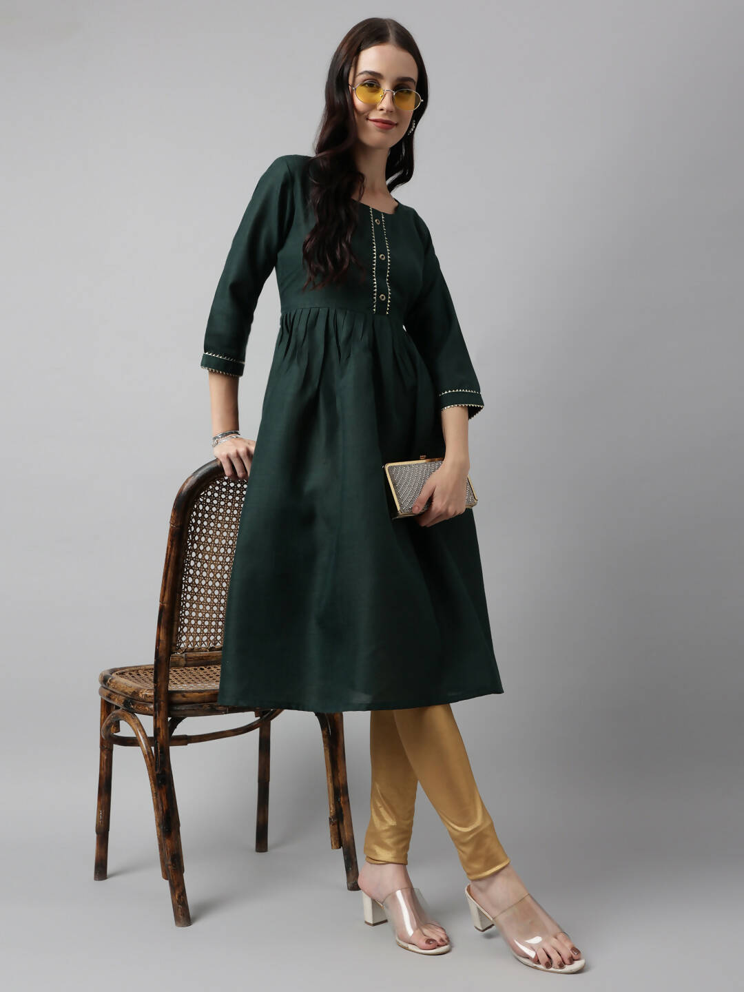 Green Poly Cotton Solid Nayra Cut Kurta - Tirtha | Grocsy