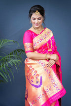 Jyoti Fashion Women's Pink Paithani Silk Zari Woven Saree with Blouse | Grocsy