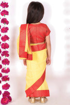 Little Bansi Girls Red and Yellow Color Saree with Floral Brocade Blouse | Grocsy