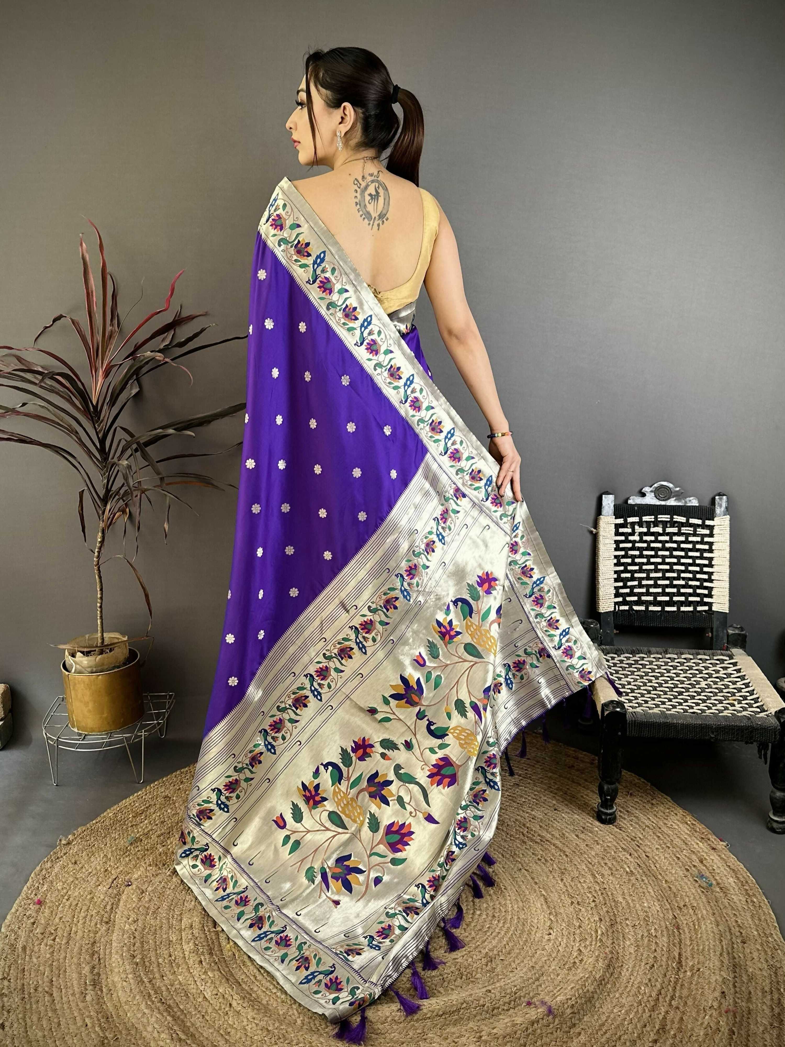 Prime Volt Premium Soft Silk Mayur Paithani Saree with Peacock Meena Weaving & Rich Pallu-Royal Purple | Grocsy