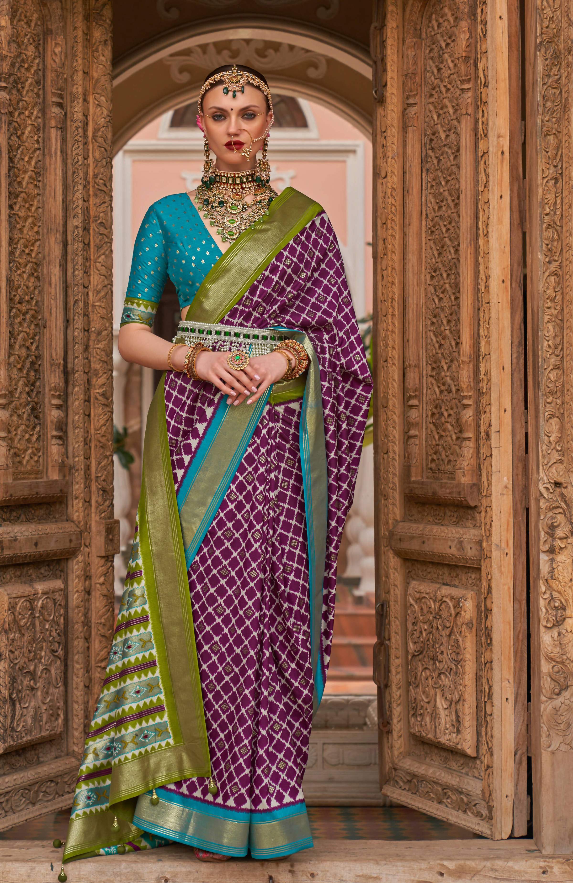 Purple Silk Geometric Printed Saree With Unstitched Blouse Piece - Aanchal | Grocsy