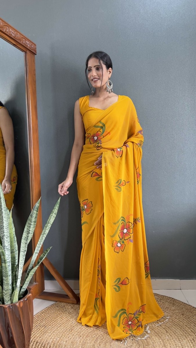 Aayaa Designer 1 min Hand Painted Ready to Wear saree - Mustard Yellow | Grocsy