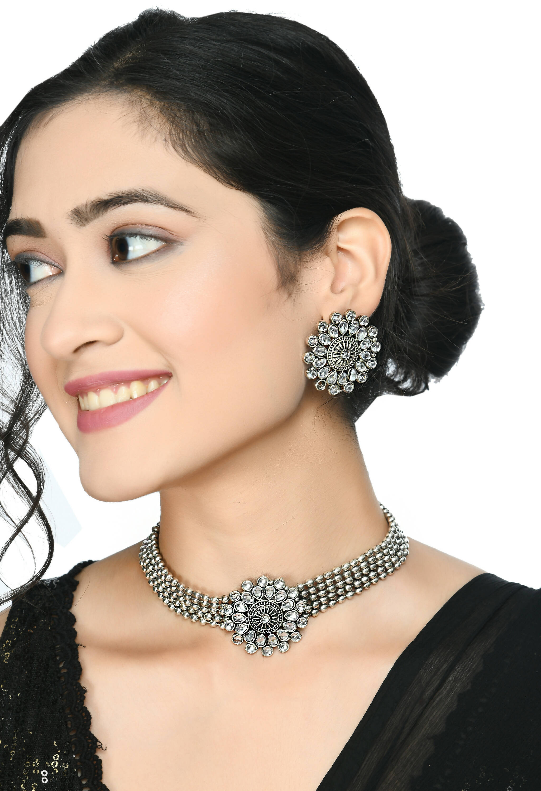 Mominos Fashion Johar Kamal Oxidised Silver-Plated Brass Finish Kundan Choker For Women (Silver) | Grocsy