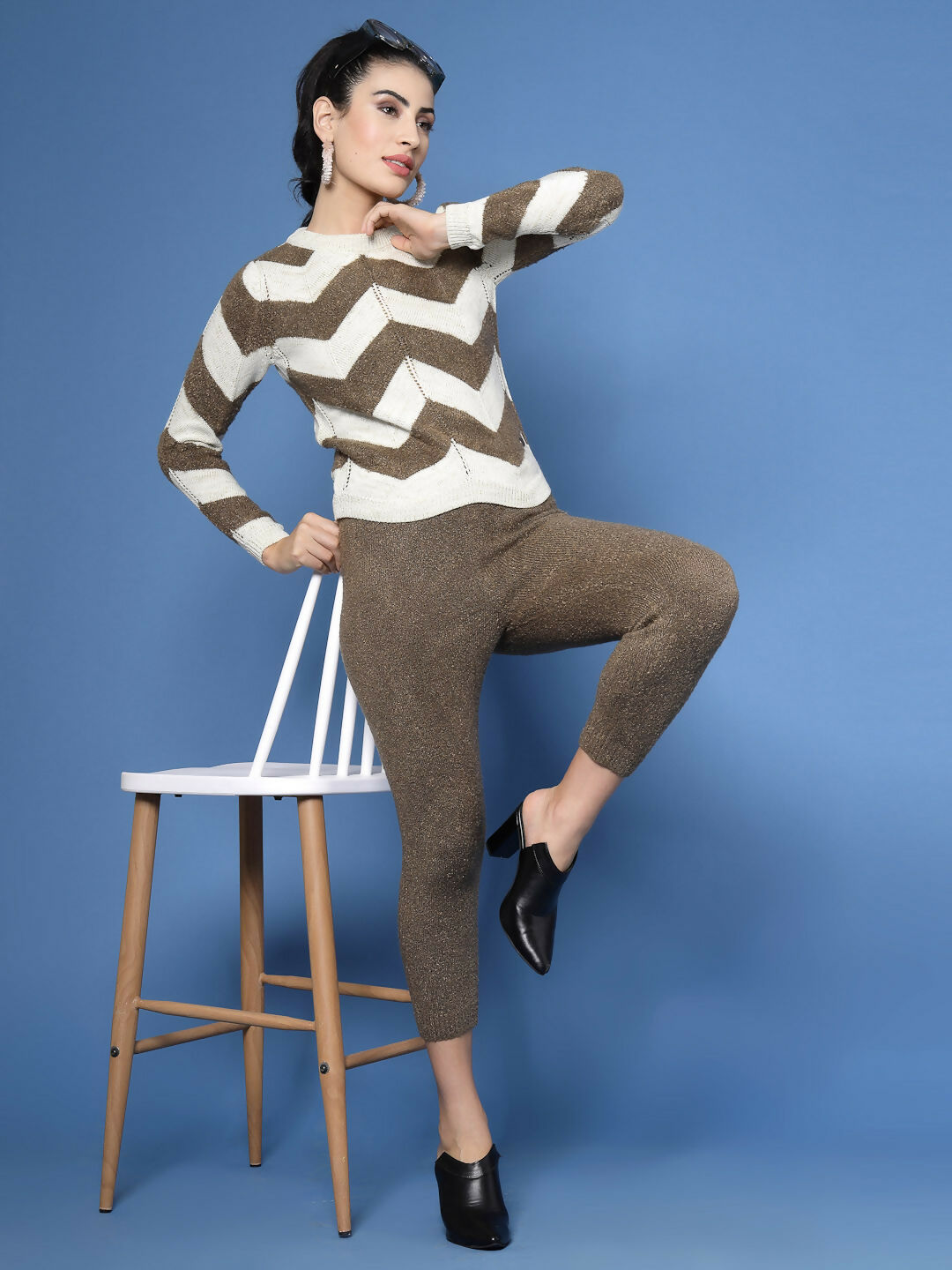 Women Cream Acrylic Stripe & Solid Winter Co-Ord Set - Wool Trees | Grocsy