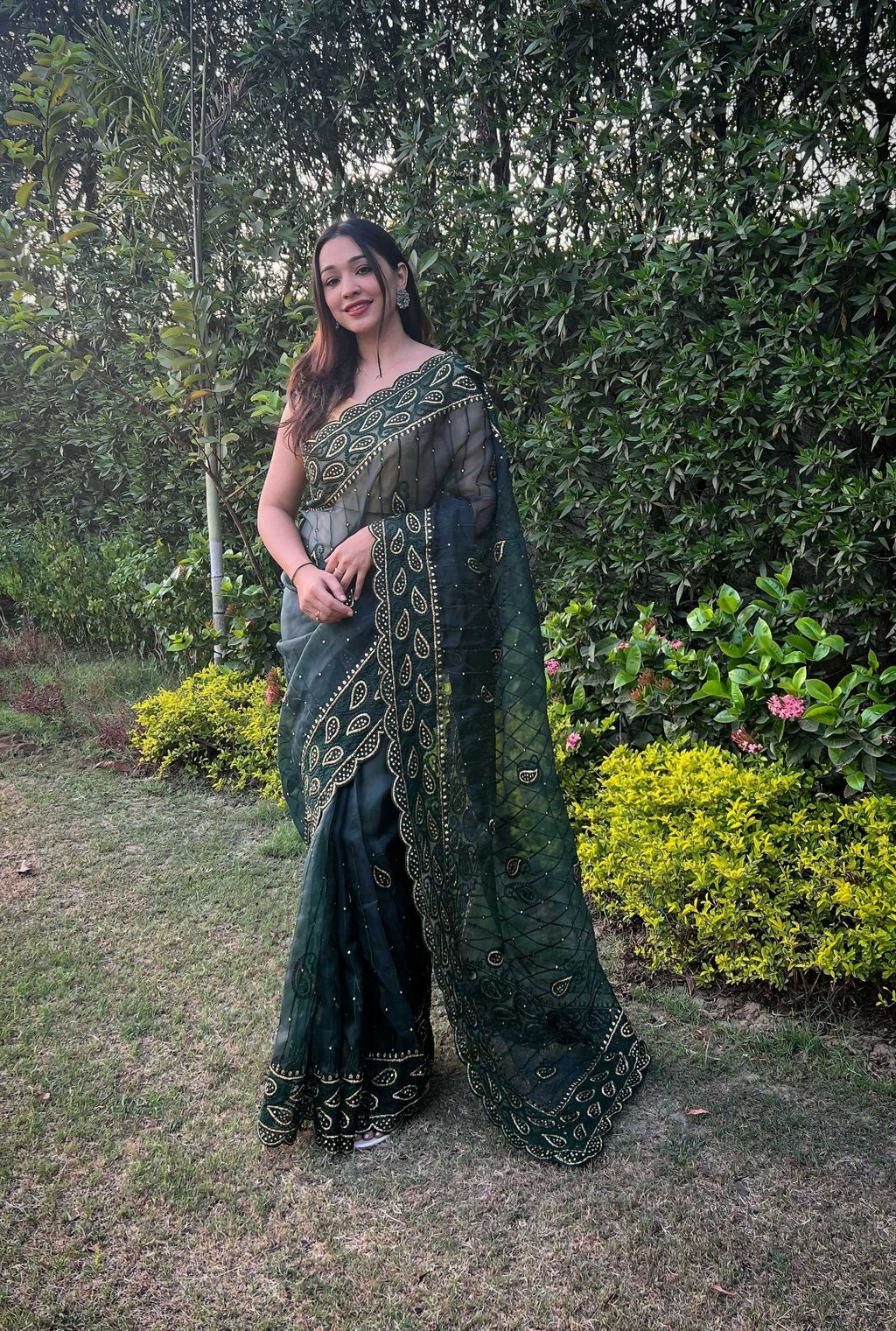 Vamsee Aaisa Green Organza Saree | Grocsy
