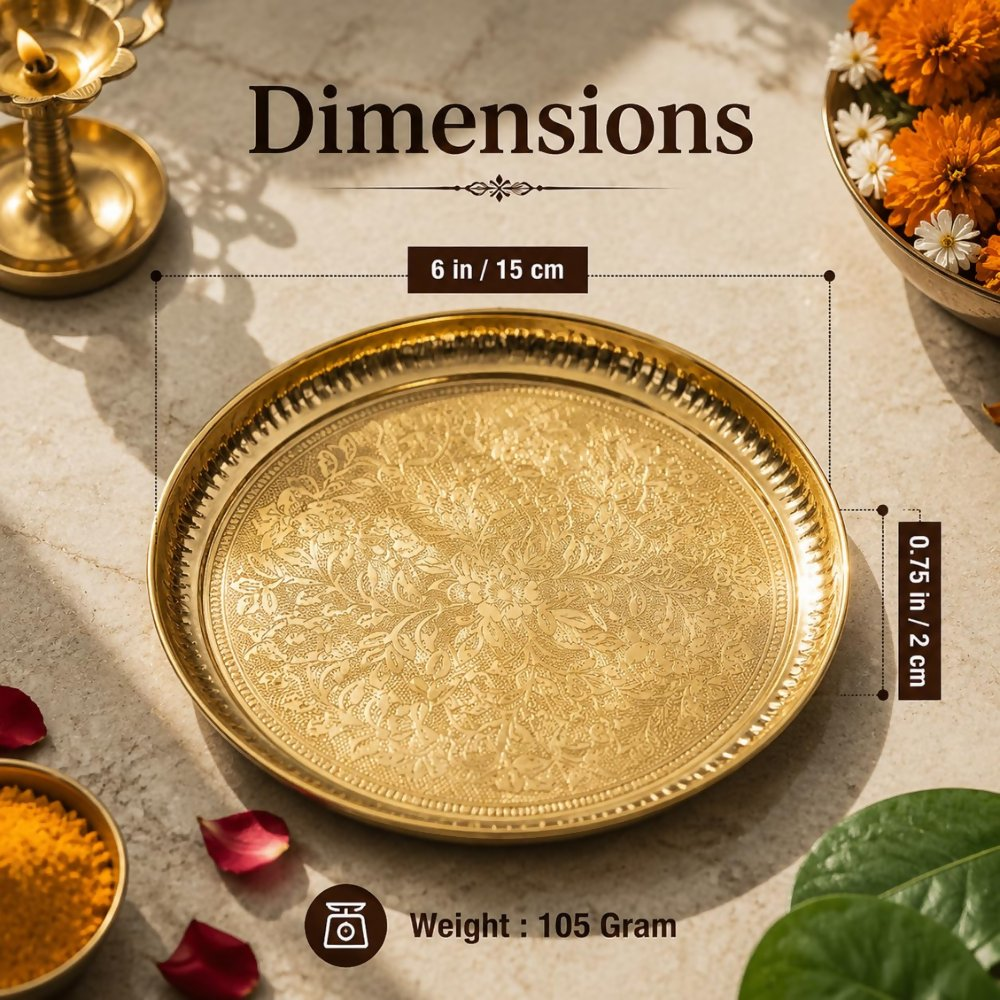 Pure Source India Handmade Flower Embossed Design Brass Puja Thali | Grocsy