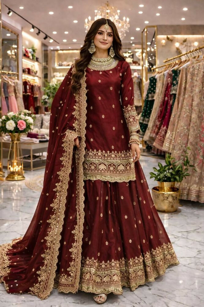 Teeya Creation Maroon Color Fendy Satin Heavy Embroidery Work Wedding Wear Stitched Lehenga Choli | Grocsy