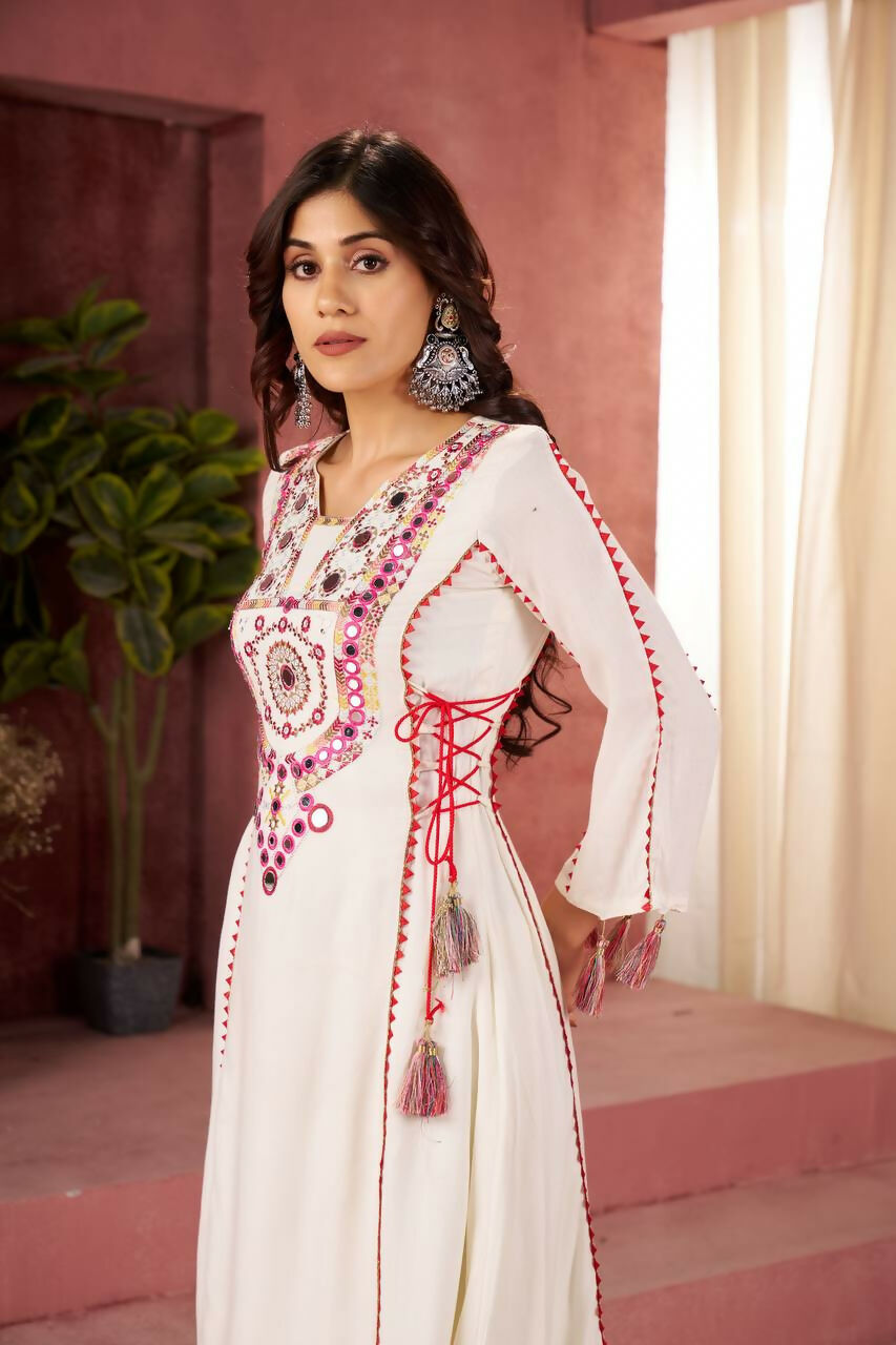 The52 Women's Gorgeous Rayon Fabric Thread Work Straight Kurta Palazzo Set | Grocsy