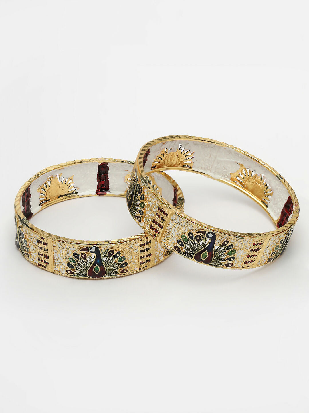 NVR Women's Set of 2 Gold-Polished Peacock Design Meenakari Handcrafted Bangles