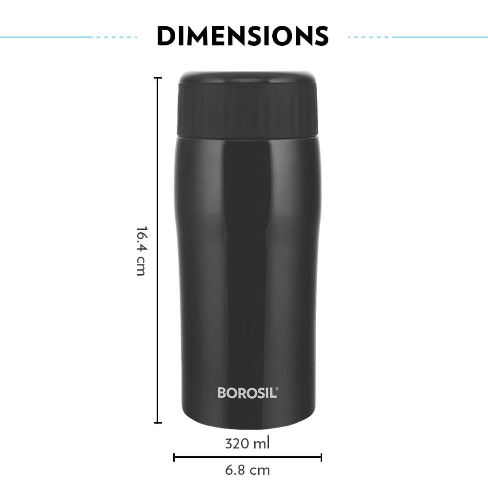 Borosil Cosmic Insulated Water Bottle Tumbler - 320ml (Black) | Grocsy