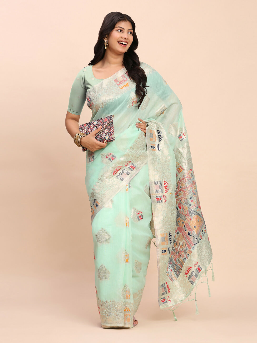 Shree Shyam Fashion Linen Cotton Sea Green Saree | Grocsy