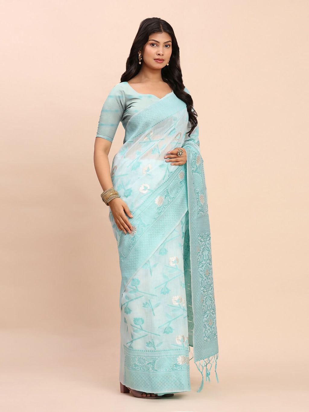 Shree Shyam Fashion Linen Cotton Sky Blue Saree | Grocsy