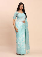 Shree Shyam Fashion Linen Cotton Sky Blue Saree | Grocsy