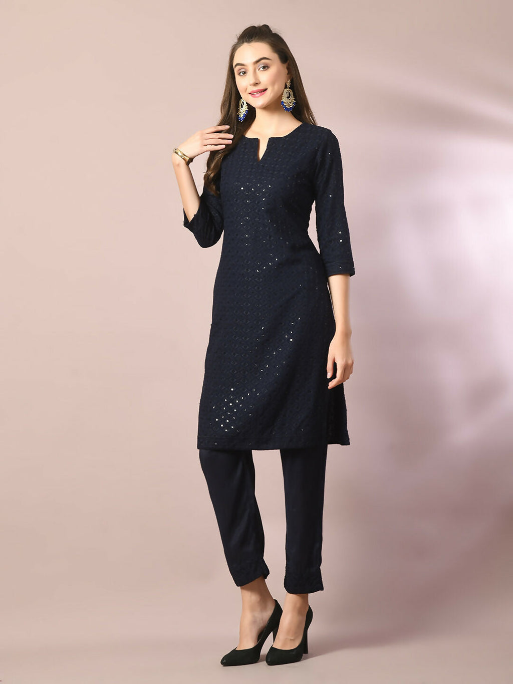 Myshka Women's Navy Blue Embroidered Cotton Straight Party Kurta Set | Grocsy