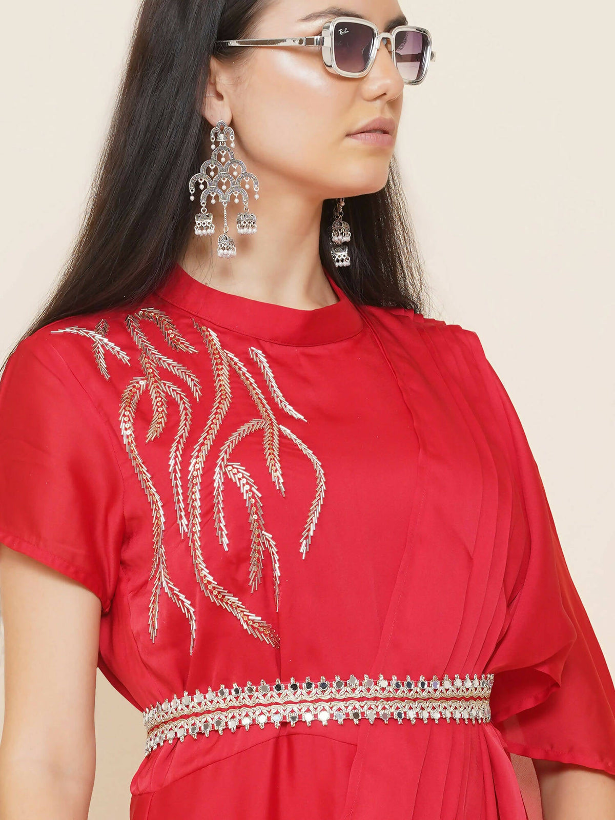 Women Republic Red Hand Embelleshed Gown With Drape | Grocsy