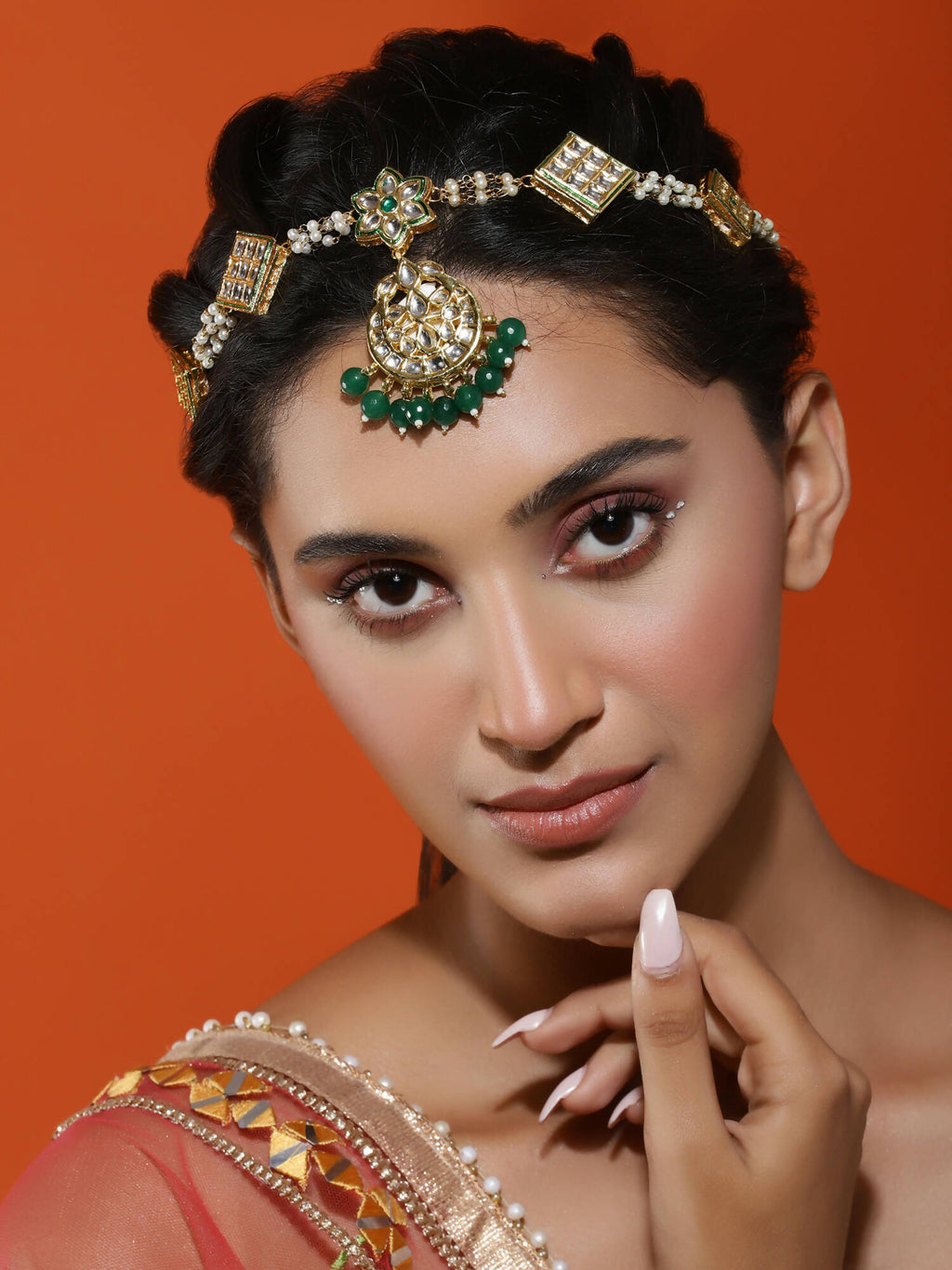 Gold-Polished White Green Kundan-Studded Pearl Beaded Matha Patti - Ruby Raang | Grocsy