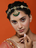 Gold-Polished White Green Kundan-Studded Pearl Beaded Matha Patti - Ruby Raang | Grocsy