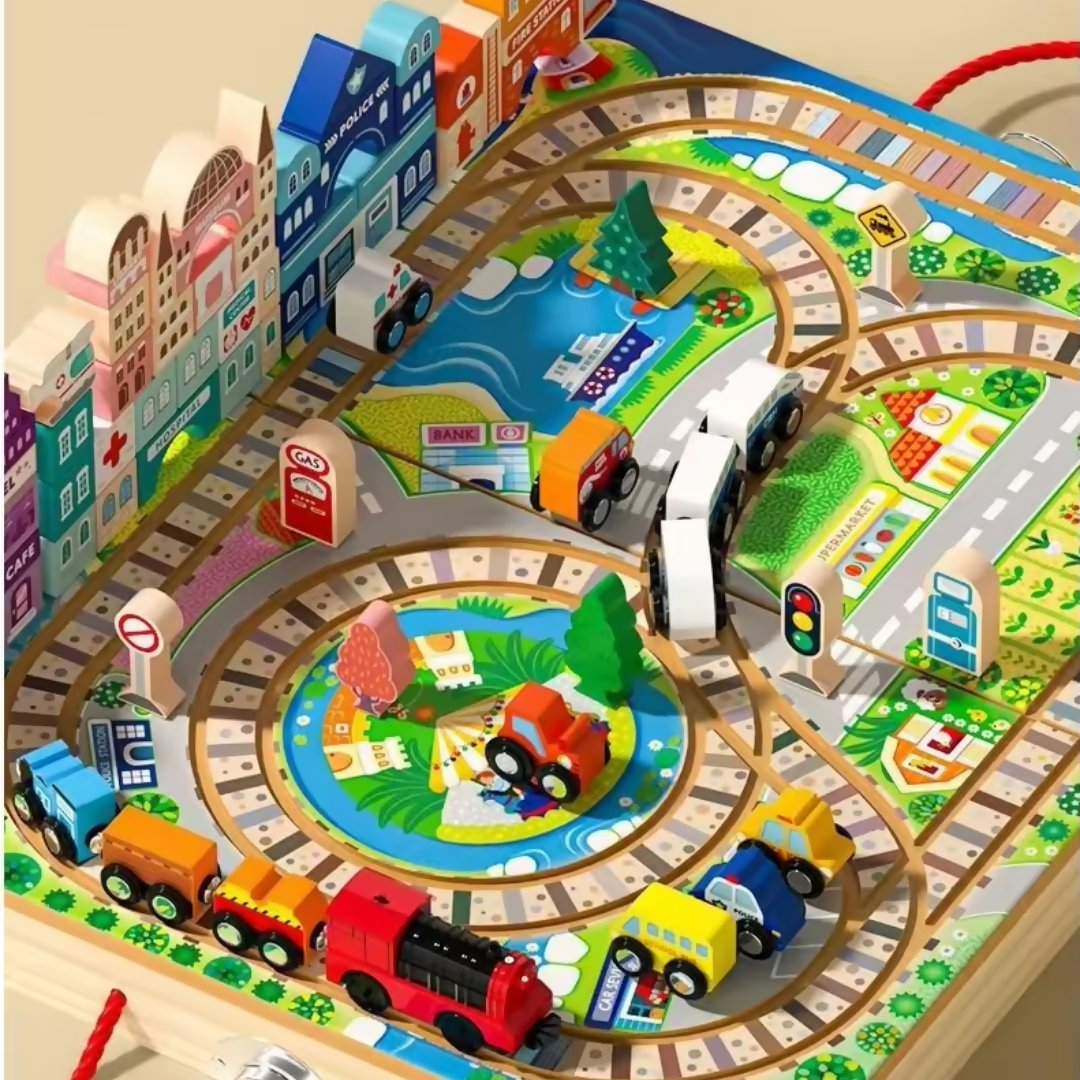 Nesta Toys Wooden Train Set with Building Blocks, Montessori Toys, City Building Toy, Cars & Vehicle Toys for Kids | Grocsy