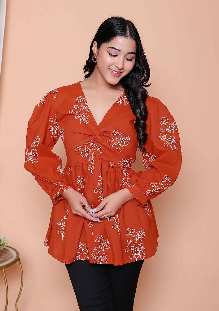 Miravan Womens Rust Floral Printed Balloon Sleeves V Neck Butterfly Top | Grocsy
