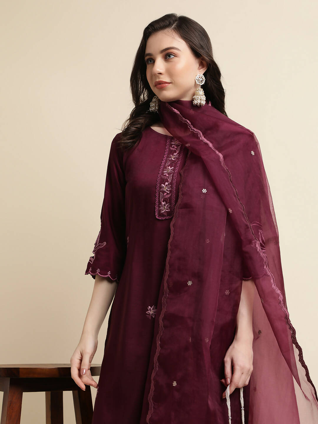 Purple Chinon Silk Embroidered Straight Kurta with Trouser & Dupatta - Salimar | Grocsy