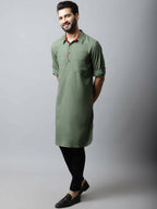 Even Apparels Green Color Linen Solid Men's Kurta With Shirt Collar (LN944) | Grocsy